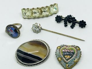 Antique Victorian Gilt Metal And Silver Agate Jewellery Joblot