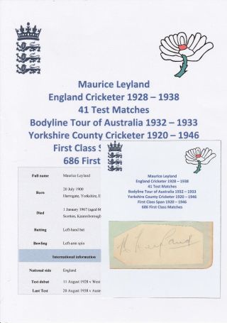 Maurice Leyland England Cricketer Ashes Bodyline Tour 1932 - 1933 Rare Autograph