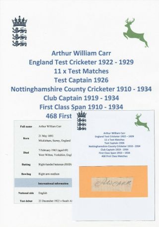 Arthur Carr England Test Cricketer 1922 - 1929 & Notts Rare Autograph
