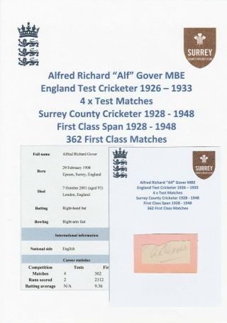 Alf Gover England Test Cricketer 1926 - 1933 Rare Autograph