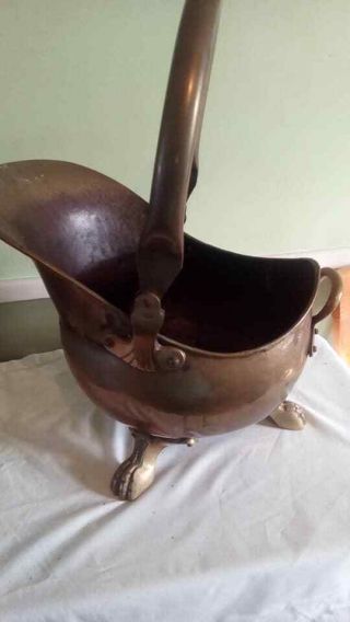 Antique Victorian 3 Footed Brass Coal Scuttle Bucket Helmet Shape Fireside