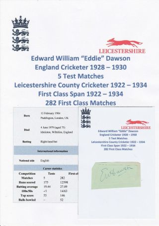 Eddie Dawson England Test Cricketer 1928 - 1930 Rare Autograph Cutting