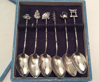 6pc Vintage Sterling Silver Chinese Temple Symbols Souvenir Spoons Rare