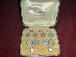 Antique Cased Set Of Cufflinks,  Dress Studs And Buttons Mother Of Pearl & Metal