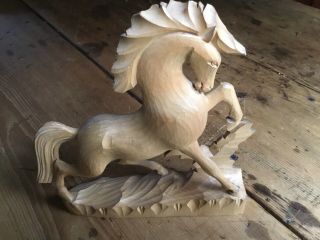 Vintage Hand Carved Wood Horse Figurine Statue Stamped Bottom Rare L@@k