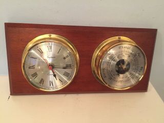 Vintage Wall Wood Brass Marine Nautical Spectrum Clock Weathermaster Barometer