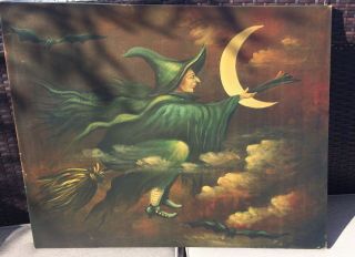 Rare Flying Witch & Moon Canvas Halloween 20”x 23” Witch On Broom Picture,  Bat