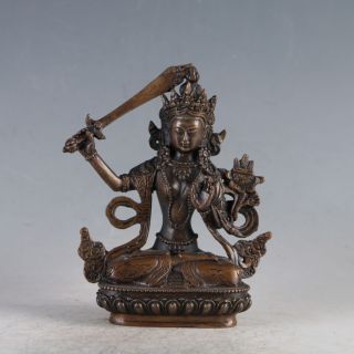 Ancient Gilt Copper Swordsman Manjusri Buddha Statue