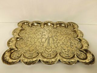 Antique Indian Brass Tray With Krishna In The Centre With Dancing Deity