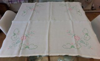 Vintage White Cotton & Hand Embroidered Floral Tablecloth 35 " X 30 "