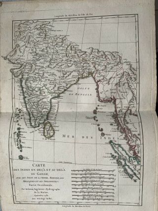 1781 India Hand Coloured Map By Rigobert Bonne Over 235 Years Old