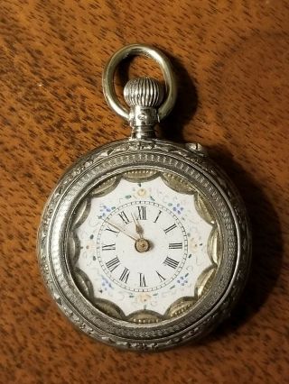 Antique Swiss 800 Silver Ladies Pocket Watch With Floral Dial Not Running