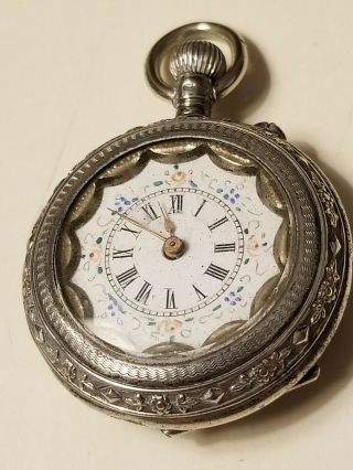 ANTIQUE SWISS 800 SILVER LADIES POCKET WATCH WITH FLORAL DIAL NOT RUNNING 2