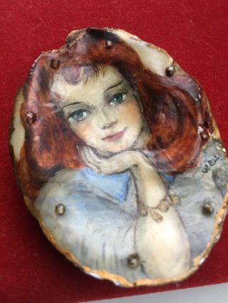 Antique Vintage Arts And Craft Portrait Brooch Signed Hand Painted Mystery