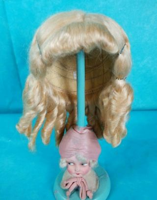 Vintage Antique Doll Blonde Mohair Wig Bangs Long Sausage Curls Size 13