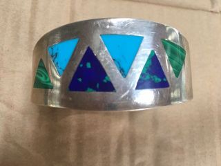 Heavy Vintage Sterling Silver Rare Taxco Mexico Inlay Cuff Bracelet 110 Grams