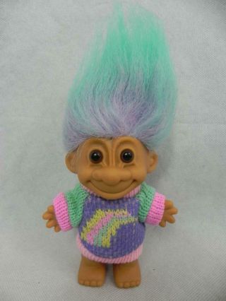 Vtg Rainbow Sweater Troll Doll Ombree Blue Purple Hair Russ Turquoise Pink Teal