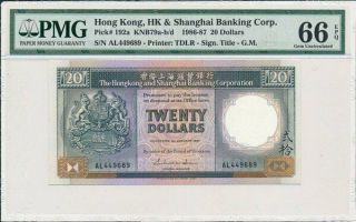 Hong Kong Bank Hong Kong $20 1987 Rare Date Pmg 66epq