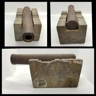 Antique Rare Signal 6 " Iron Cannon With 4 " Cast Aluminum Base