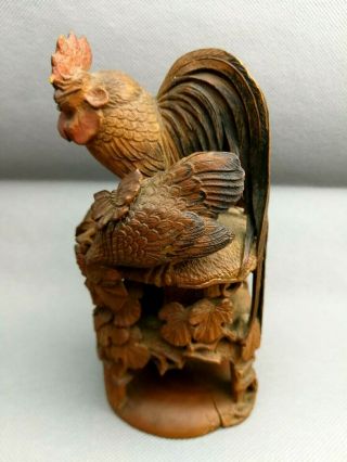 19th Antique Chinese/japanese Deep Carved Box Wood Rooster - Marked