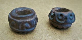 2 Ancient Pre - Columbian Carved Clay Beads Stone Age Meso - American Rare