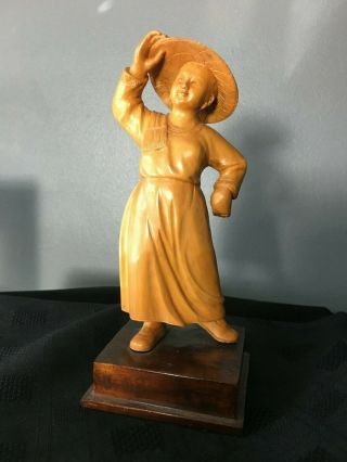 Chinese Hand Carved Box Wood Figurine - Woman With Coolie Hat - 19cm