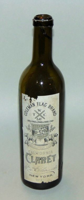 Antique Bottle Coleman Flag Brand Rare Label California Claret