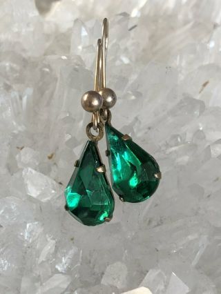 So Pretty Antique Art Deco Emerald Green Glass Paste Dangle Tear Drop Earrings