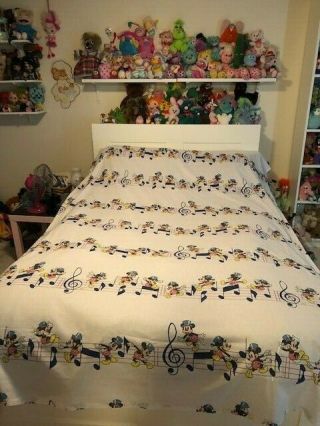 Vintage Walt Disney Mickey Mouse Music Notes Twin Flat Bed Sheet Rare
