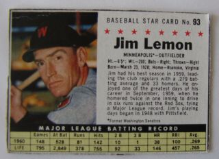1961 Post Cereal Baseball 93 Jim Lemon Minneapolis Twins Vg - Ex Rare