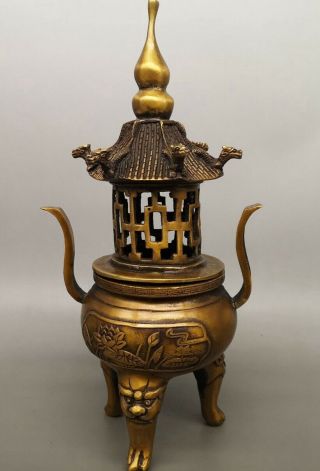 Old Antique Brass Copper Hand - Carved Flowers Tower Incense Burner Qianlong Mark