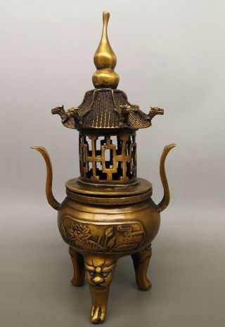 Old antique brass copper hand - carved flowers tower incense burner Qianlong Mark 2