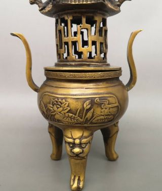 Old antique brass copper hand - carved flowers tower incense burner Qianlong Mark 3