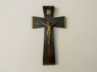 Antique French Religious Wall Cross Crucifix Wood & Brass & Metal 19 Century