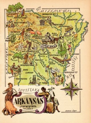 1950 Antique Animated Arkansas State Map Vintage Cartoon Map Of Arkansas 7137