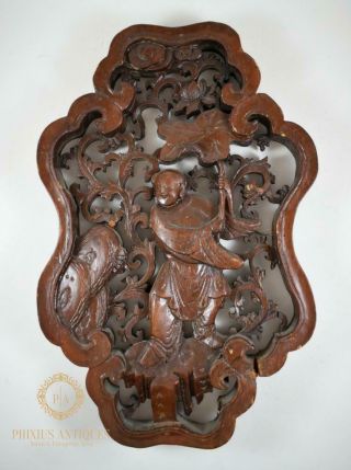 Antique Carved Wooden Chinese Screen Panel Figure With Lotus Flower