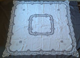 Antique Vintage Cotton Crochet/lace/embroidered Tablecloth 120cm X 120cm