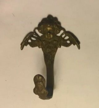 Antique Victorian English Cast Brass Coat Hook With An Angel Length 3 1/4”