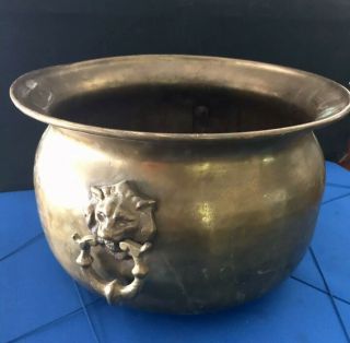 Vintage Antique Hammered Copper Brass Lion Head Handles Pot Planter