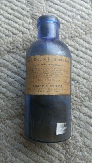 Antique Sharp & Dohme Blue Apothecary Bottle W/cork Colchicum Root