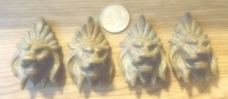 4 Antique Matching Brass Lions Head Ring Pulls.  Missing Rings