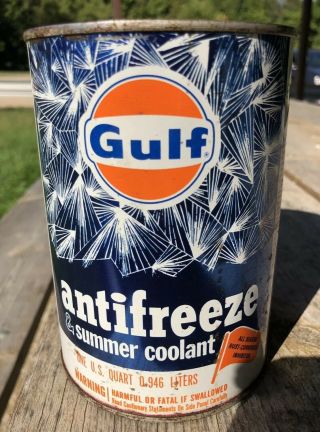 Vtg Gulf Anti Freeze Summer Coolant 1 Quart Oil Can Tin Full Gas Station Rare