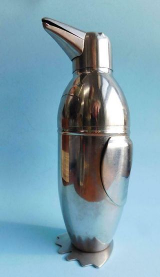 Classic Art Deco Style Brushed Stainless Steel Penguin Cocktail Shaker