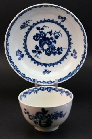 C1780,  Antique 18thc Worcester Porcelain Tea Bowl And Saucer,  Fruit And Wreath