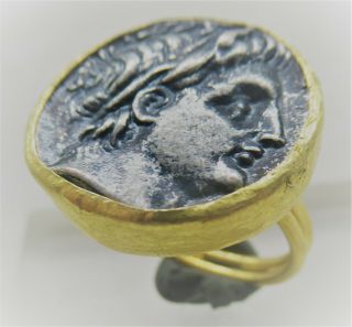 Lovely Ancient Style Gold Plated Ring With Greek Coin Insert