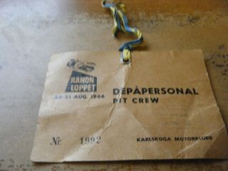 1966 Karlskoga Pit Crew Pass Very Rare With String Kanon Loppet Brabham Honda
