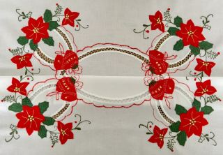 Vintage Hand Embroidered Appliqué Tablecloth Christmas Poinsettia Lace Cutwork