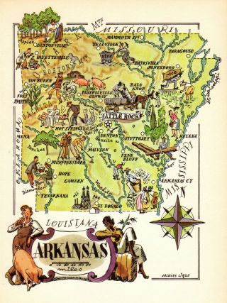 1950 Antique Arkansas State Map Vintage Cartoon Map Of Arkansas Picture Map 6855