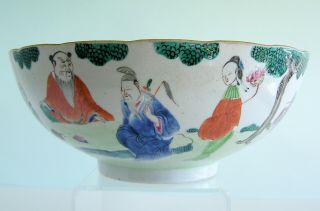 Antique Chinese Export Porcelain Famille Verte Bowl 11 Figures Boy Catching Frog
