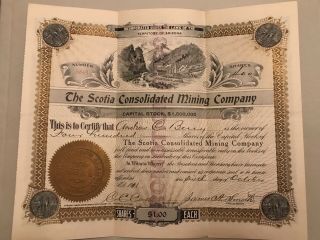 Rare Antique Mining Stock Certificate,  " The Scotia Cons.  Mining Company " Arizona